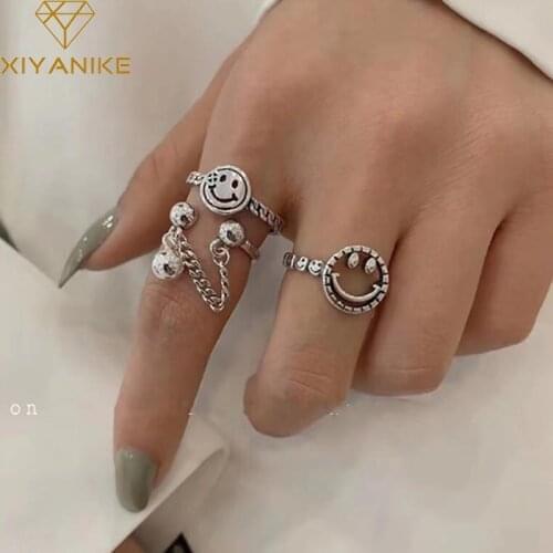 XIYANIKE 925 Sterling Silver Party Rings Vintage Hollow Smiling Face Geometric Handmade Jewelry Gifts for Women Couple