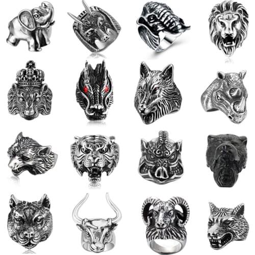 Personality Animal Dragon Elephant Lion Tiger Wolf Ring for Men Cool Gold Black Stainless Steel Biker Ring Fashion Accessories