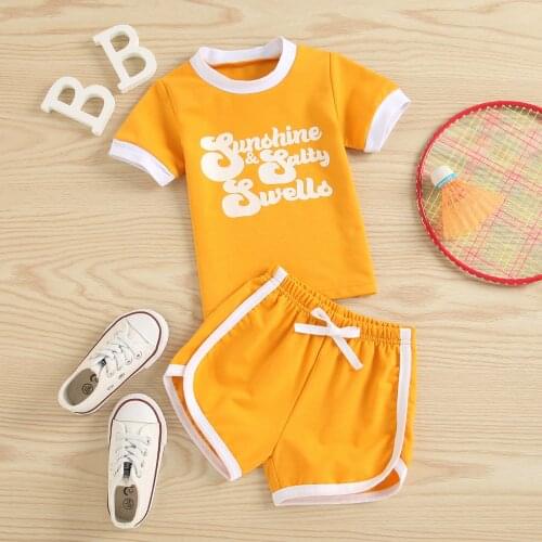 2021-05-04 Lioraitiin 0-5Years Toddler Baby Girls Clothes Set Letter Print Short Sleeve O-neck T-shirt Solid Side Split Shorts