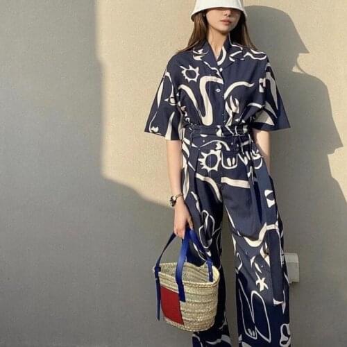 Graffiti Loose Pant Set Button Turn Down Collar Shirt High Waist Wide Leg Pant Print Skirt 2021 Summer Patchwork Women Pant Set