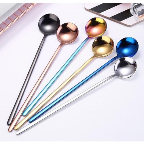 Long handle stainless steel round spoon creative cold drink dessert ice spoon 20cm tableware honey stirring spoon