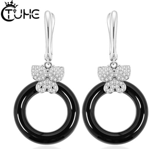 Fashion Butterfly Round Ceramic Earrings For Women Drop Earrings AAA Cubic Zirconia Real Natural Ceramic Wedding Jewlery Gifts