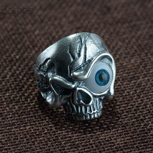 S990 Sterling Silver colour Male Rings Adjustable Skull Viking Ring for Men with Blue Eye Silver colour Jewelry High Quality