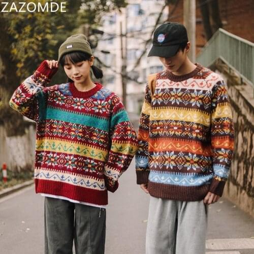 ZAZOMDE Men Streetwear Sweater Geometry Pattern Knitted Sweater 2021 Fashion Harajuku Casual Knit Pullover Couple Sweater Tops