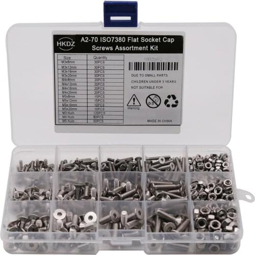 500PCS Countersunk Hexagon Bolt Flat Head Socket Cap Screw Nut A2 Assortment Kit Set M3 M4 M5