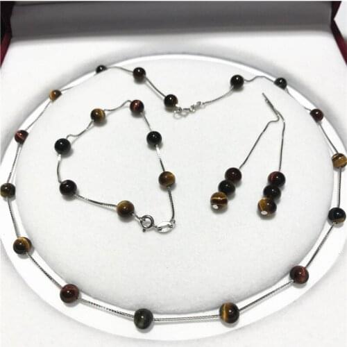 Natural 6 mm 3 colors red blue and yellow tigers eye stone Tibetan silver bracelet 7 inches necklace 18" earrings set