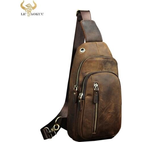 Men Original Leather Casual Fashion Chest Sling Bag Brown Design Travel Triangle One Shoulder Cross body Bag Daypack Male 8005-d