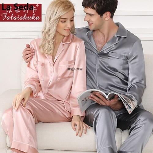 19 momme Quality 100% genuine silk Couples sleepwear women pajamas sets Lovers long sleeve women pyjamas men sleepwear T9056QL