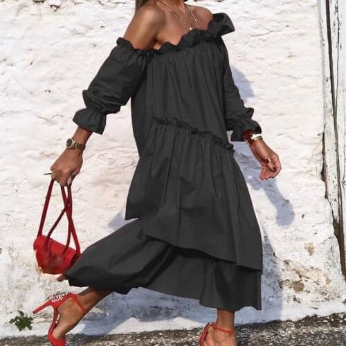 Evening Dresses 2021 Sexy Off Shoulder Pleated Loose Dress Women Long Sleeve Irregular Hem Sundress Summer Midi Vestidos Female