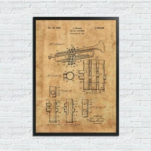 Trumpet Patent Blueprint Canvas Painting Wall Art Speaker Vintage Posters Black And White Wall Pictures Music Room Decoration