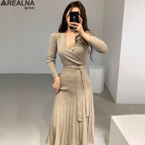 Korean Elegant Knitted Long Dress Women Long Sleeve Cross Bandage V-neck party woman dress A-line Pleated Dresses Vestidos 2020