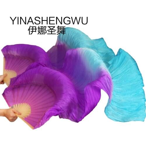 Stage Performance 100% Silk Belly Dance Fans Gradient Colour Dance Accessories Belly Dancing Silk Fans purple+turquoise