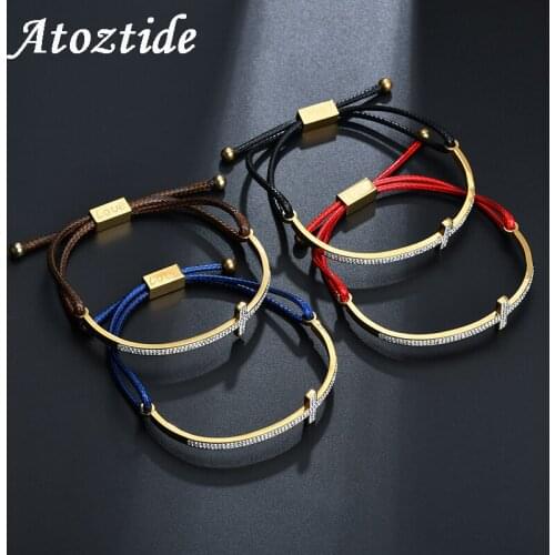 Atoztide Charm Cross Crystal Bracelets For Women Adjustable Stainless Steel Cubic Zirconia Gold Love Rope Bracelet Wedding Gift
