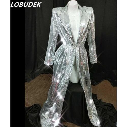Fashion Buttonless Women Shiny Sequins Long Coat Female Singer Nightclub Concert Stage Performance Silver Cloak Dance Costume