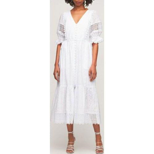 2021 Autumn women cotton dress front button lace embroidery long white dress