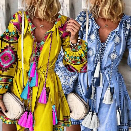 New Fashion Women Boho Floral Print Long Sleeve Mini Dress Stylish Ladies V Neck Flower Holiday Party Dresses Beach Sundress