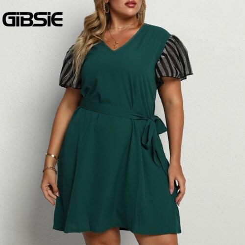 GIBSIE Plus Size V Neck Short Sleeve A-line Belted Dress Women Summer High Waist Office Casual Ladies Mini Dresses 4xl xxxl