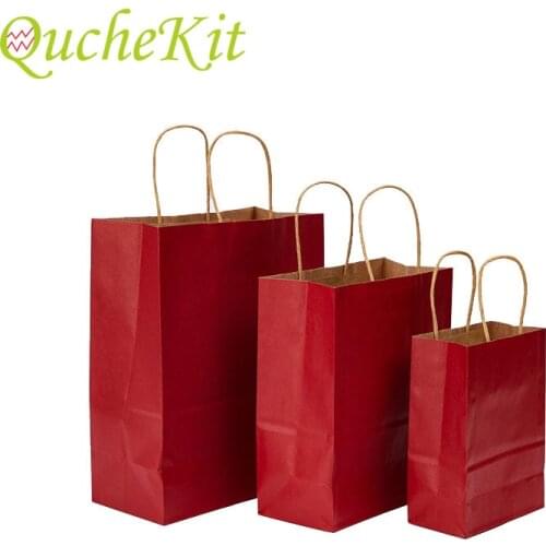 10pcs Kraft Paper Bag with Handle Red Paper Gift Packaging Bags For Business Wedding Birthday Party Supplies Shopping Handbags