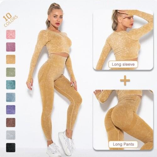 Seamless Yoga Set Women Gym Fitness Clothing Tie-Dye Washed Fabric High Waist Tight Leggings+Long-Sleeve Sportswear Workout Suit