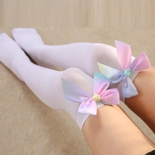 Women Bow Tie Stockings Summer Lolita Evening Party Dress Wear Long Stockings Female Knee High Stocking Black White Pink