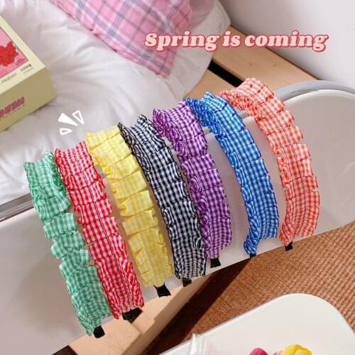 CN Women Sweet Plaid Headband Ruffle Wrinkle Hairband Hairbands Sweet Headband Hair Bundle Lady Hair Hoops Fashion Accessories