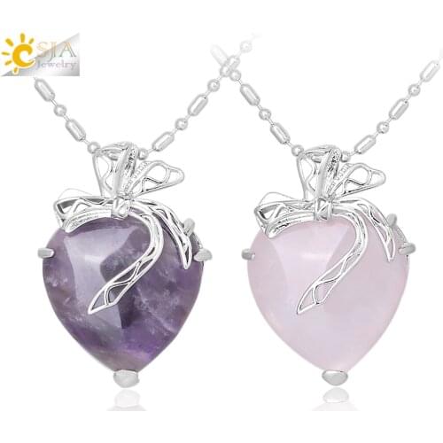 CSJA Natural Stone Necklace Tiger Eye Purple Crystal Pendant Multi-color Lover Romantic Heart Boho Jewelry Butterfly Knot F324