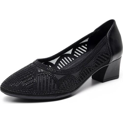 Elegant Ladies Mesh Sandals Womens Breathable Summer Rhinestone Round Toe Mid Thick Heels High Shoes Hollow Out Black PW015