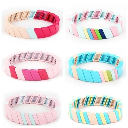 Enamel Tila Tile Bracelet Beaded Candy Bracelet Set Rainbow Stretch Bracelets Honeycomb Stocking Suffer Gift for Girlfriend Wife