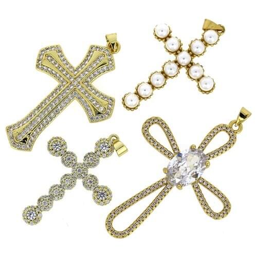 3PCS Classic Vintage Pave Cubic Zirconia Religious Gold Cross Crystal Pendant For Woman Necklace For DIY Making Jewelry Findings