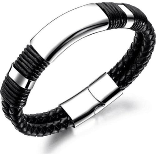 Fashion Men Bangle Punk Double Black Knitted Leather Bracelet 316L Stainless Steel Jewelry Friendship Bracelets 2018 Hot Sale