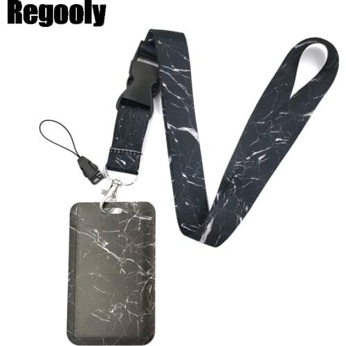 Marble Texture Lanyard Credit Card ID Holder Bag Student Women Travel Card Cover Badge Car Keychain Decorations