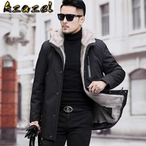 Azazel Winter Jacket Men Parkas Natural Mink Fur Liner Warm Real Fur Coat Parka Plus Size Mink Jackets Rabbit Fur Sleeve F-933