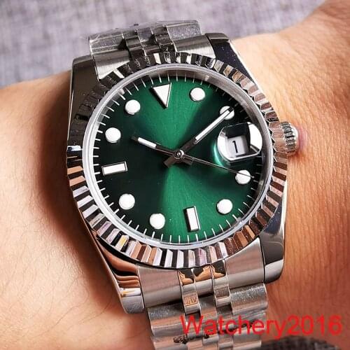 36mm/40mm Sapphire Mens Watch Japan Miyota 8215 NH35 Automatic Movement Green Face Coin Bezel Jubilee Bracelet Date Cyclops
