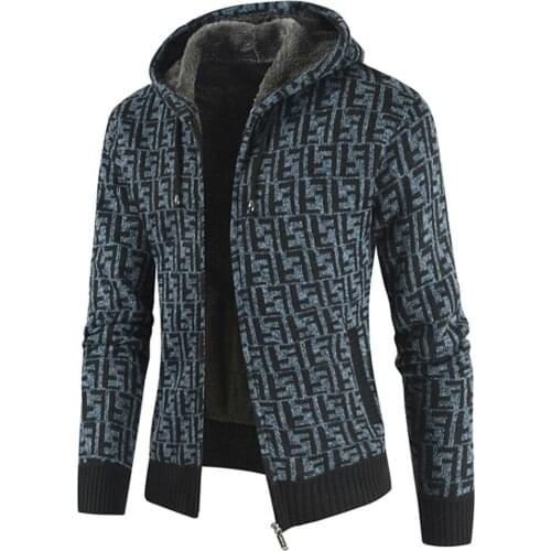 2020 Autumn And Winter Mens Velvet Zipper Cardigan Sweater Coat Color Block Hooded Knitted Sweater