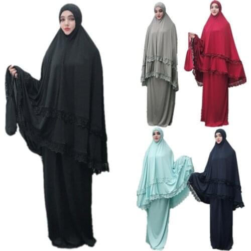 Niquab Saudi Arabia Lace Big Hijab Skirt Abaya Set Islamic Dubai Worship Robe Jilbab Kaftan 2Pcs Traditional Muslim Women Prayer