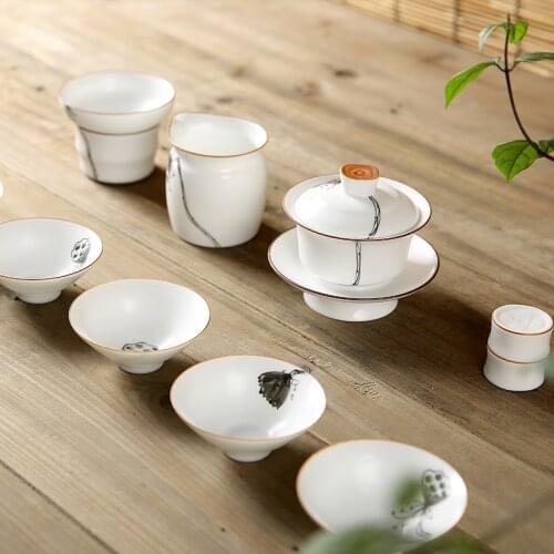 PINNY White Porcelain Chinese Kung Fu Tea Set Handpainted Ceramic Gaiwan Hand Made Chinese Tea Cup Chinaware Porcelain Teapot