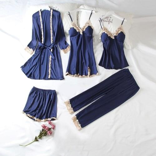 Pijama Nightwear Set Womens 5PCS Lace Nightgown Sleep Spring V-Neck Pajamas Wear Home Suit Sleepwear Kimono Robe Gown Negligee