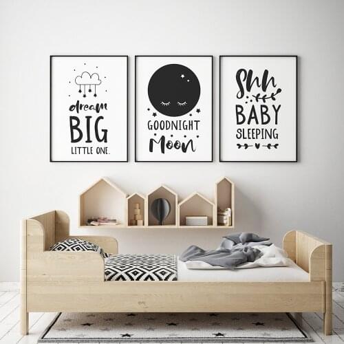 Dream Big Goodnight Moon Stars Child Poster Wall Art Canvas Baby Nursery Print Painting Kid Room Decoration Picture Black White
