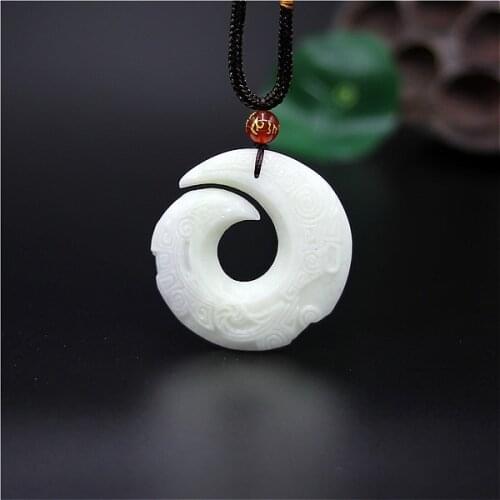 Natural White Chinese Jade Rune Pendant Fashion Necklace Charm Jewelry Double-sided Hollow Carved Amulet Gifts for Her Men