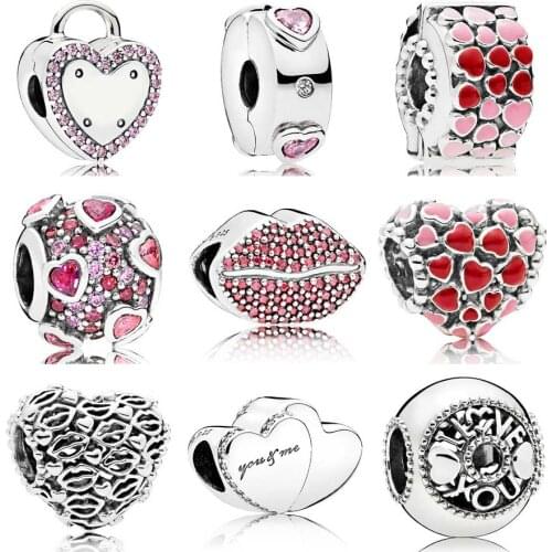 QANDOCCI Burst Explosion Of Love & Kiss More Two Hearts Lock Your Promise Charm Fit Pandora Bracelet 925 Sterling Silver Jewelry