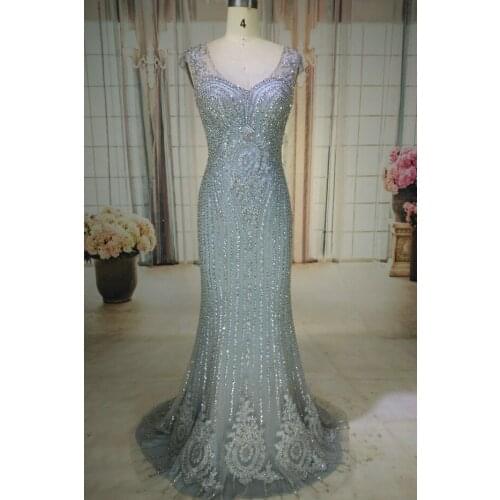 Luxury Grey V neck Mermaid 2020 Dresses Sweep Train Beading Crystal Sparkly Best Quality Gown Robe De Soiree