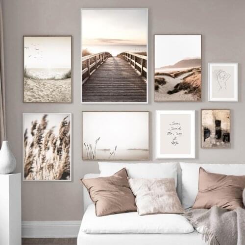 Scandinavian Nature Scenery Canvas Painting Grass Bridge Beach Sunset Wall Art Poster and Print Modern Art Picture Home Decor