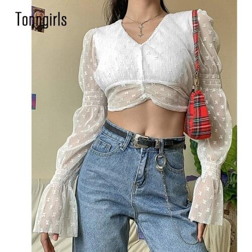 Tonngirls Slim Long Sleeve T-shirt Women Sexy Lace Crop Tops Lace Up Streetwear Flare Sleeve Shirt And Blouse Backless Tee Tops