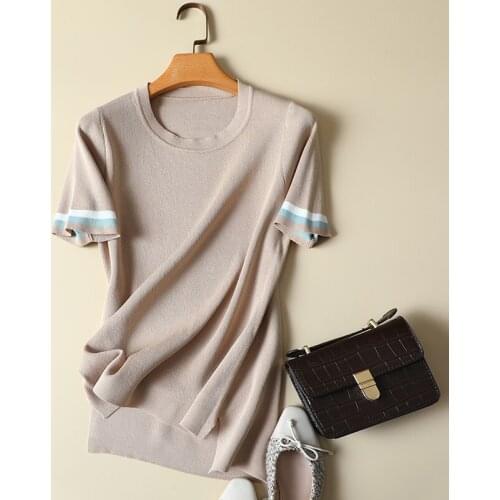 Knitted Solid Women T-Shirts Summer New 2021 O-Neck Short-Sleeved Slim Elastic Office Lady Pulls Outwear Tops Tees