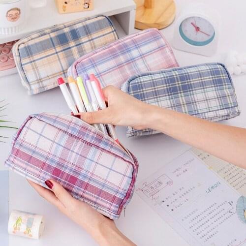 Large Capacity Pencil Case School Supplies Classic Lattice Double Zipper Pencil Case Canvas Student Stationery Storage Box