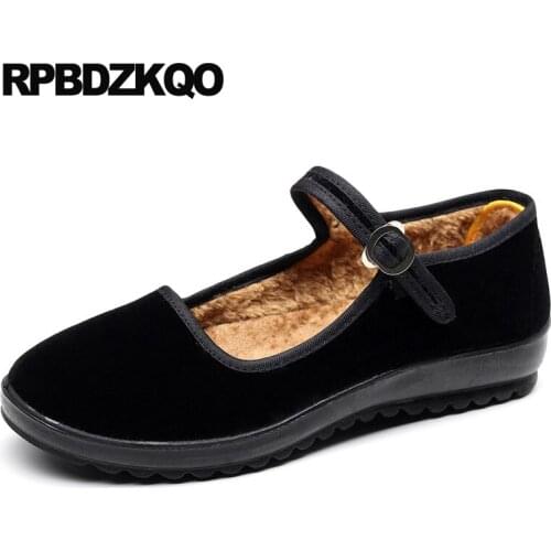 Ladies rubber sole chinese comfortable round toe women cheap shoes china large size casual flats fur elderly black winter 2019