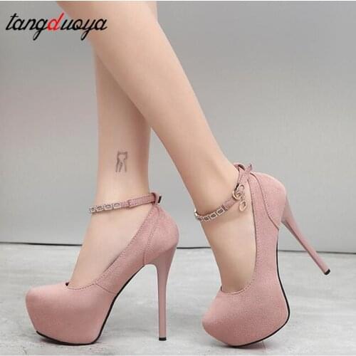 2020 Spring Autumn Suede Shoes for Woman Fashion High Heels 14cm Spike Heels Ankle Strap Black Beige Platform Pumps Party Shoes