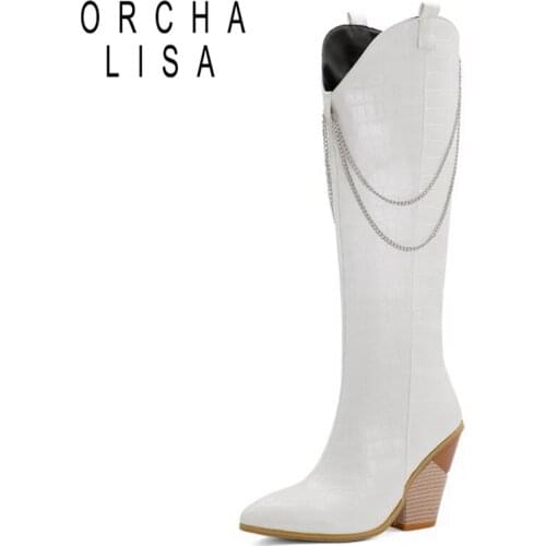ORCHALISA 2021 Designer Western Cowboy Knee Long Boots Chains Women Pointed Toe Wedge Heel Black Brown Extra Big Size US17 S2445