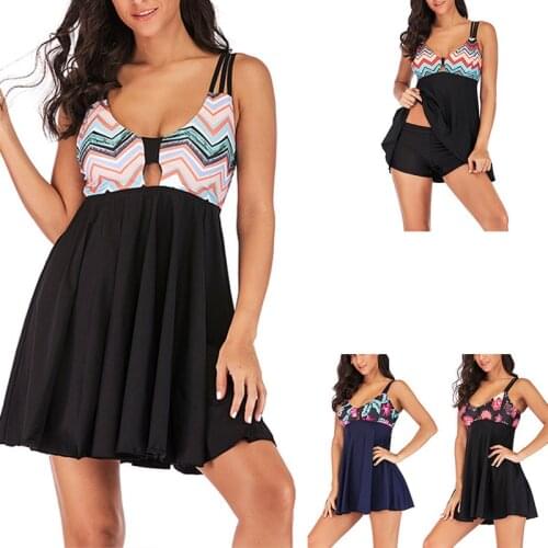 Women Plus Size Backless Skirtini Swimwear Flower Printing Tankini Girl Polyester Beachwear Split Swimsuit 2Pcs Bikini S-5XL