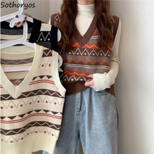 Sweater Vest Women V-neck Elegant Autumn Clothes Vintage Printing All-match Korean Preppy Style Streetwear Fashion Leisure Chic